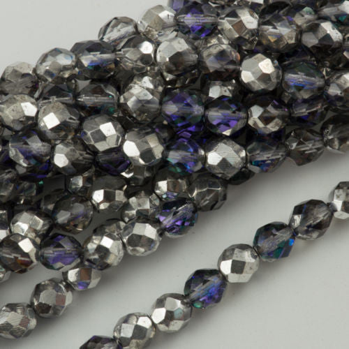 50 Czech Fire Polished 6mm Round Bead Silver Blue Crystal (28003)