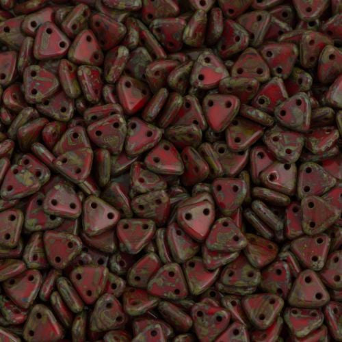 15g CzechMates 6mm Two Hole Triangle Beads Opaque Red Picasso (93200T)