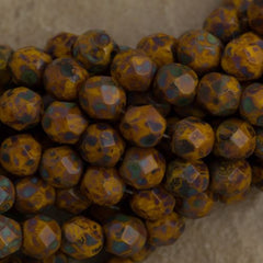50 Czech Fire Polished 6mm Round Bead Opaque Yellow Picasso (93110T)