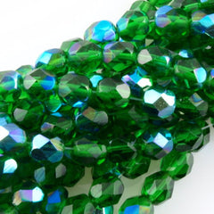 100 Czech Fire Polished 4mm Round Bead Green Emerald AB (50140X)