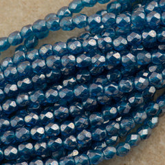 50 Czech Fire Polished 6mm Round Bead Capri Blue Luster (60080L)