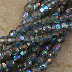 100 Czech Fire Polished 4mm Round Bead Blue Crystal Luster AB (98403)