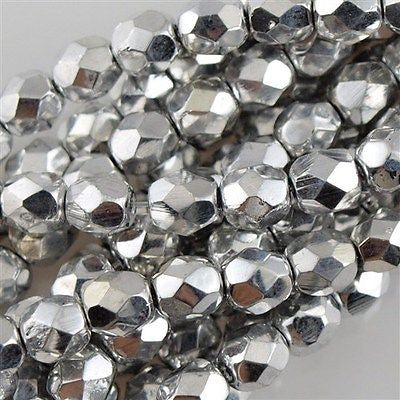 50 Czech Fire Polished 8mm Round Bead Silver (27000)