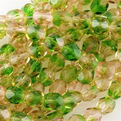 50 Czech Fire Polished 6mm Round Bead Green Pink (57711)