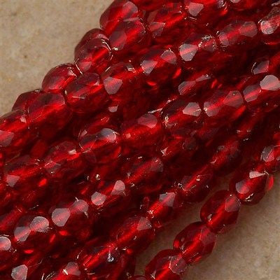 100 Czech Fire Polished 4mm Round Bead Ruby Silver Lined (90080SL)