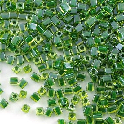 Miyuki 4mm Cube Seed Bead Inside Color Lined Peridot Green 10g (2632)