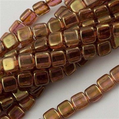 50 CzechMates 6mm Two Hole Tile Beads Luster Rose Gold Topaz (65491)