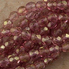 50 Czech Fire Polished 6mm Round Bead Transparent Topaz Pink Luster (15495)