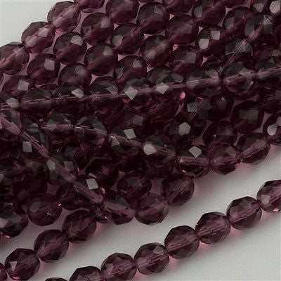 50 Czech Fire Polished 8mm Round Bead Mid Amethyst (20040)