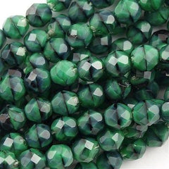 50 Czech Fire Polished 6mm Round Bead Green with Black (26507)