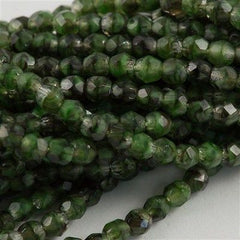 100 Czech Fire Polished 3mm Round Beads Green with Black (26507)