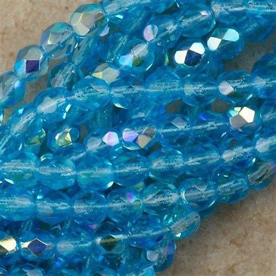 100 Czech Fire Polished 4mm Round Bead Aquamarine AB (60020X)