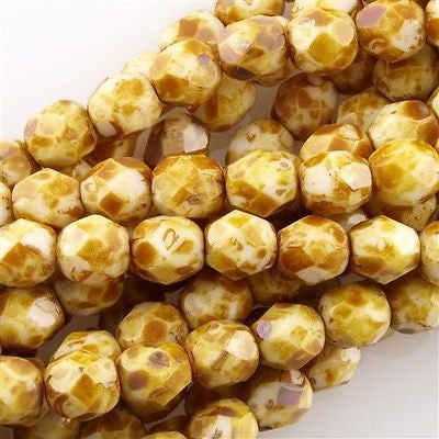 50 Czech Fire Polished 8mm Round Bead Opaque White Picasso (03000T)