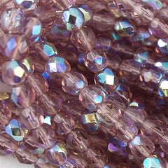 100 Czech Fire Polished 4mm Round Bead Mid Amethyst AB (20040X)