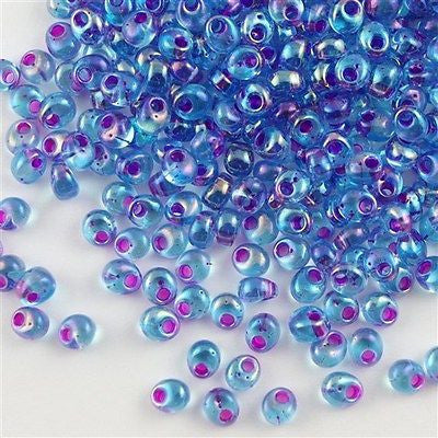 Miyuki 4mm Magatama Seed Bead Fuchsia Inside Color Lined Blue AB 23g Tube (2169)