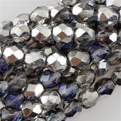 100 Czech Fire Polished 4mm Round Bead Silver Blue Crystal (28003)