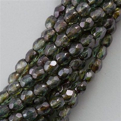 100 Czech Fire Polished 3mm Round Bead Transparent Green Luster (65431)