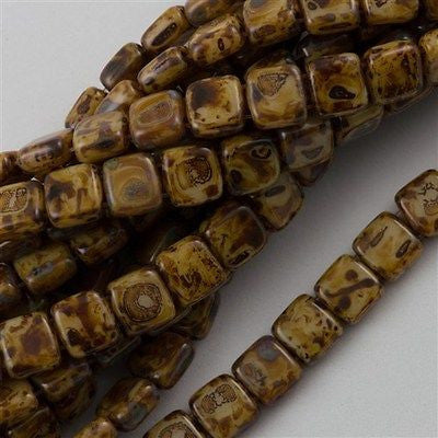 50 CzechMates 6mm Two Hole Tile Beads Opaque Beige Picasso (13010T)