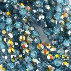 100 Czech Fire Polished 4mm Round Bead Aquamarine Marea (60010MA)