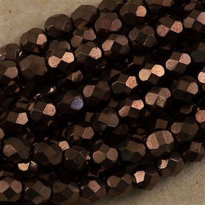 50 Czech Fire Polished 6mm Round Bead Dark Bronze (14415)