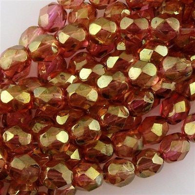 50 Czech Fire Polished 6mm Round Bead Rosaline Luster (14495)