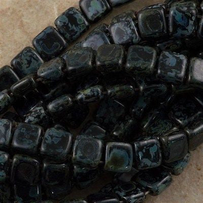 50 CzechMates 6mm Two Hole Tile Beads Jet Picasso (23980T)