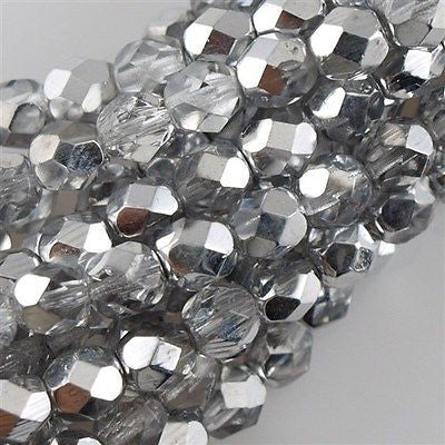 50 Czech Fire Polished 6mm Round Bead Half Coat Silver (27001)