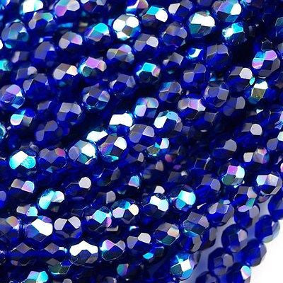100 Czech Fire Polished 4mm Round Bead Cobalt AB (30090X)