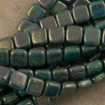 50 CzechMates 6mm Two Hole Tile Beads Turquoise Bronze Picasso (63130BT)