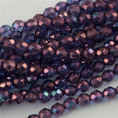 50 Czech Fire Polished 8mm Round Bead Transparent Amethyst Luster (15726)
