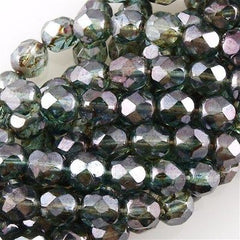 50 Czech Fire Polished 8mm Round Bead Transparent Green Luster (65431)