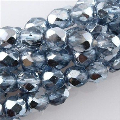 50 Czech Fire Polished 8mm Round Bead Mirror Light Sapphire (97333)