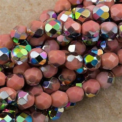 50 Czech Fire Polished 6mm Round Bead Opaque Pink Vitrail (73030V)
