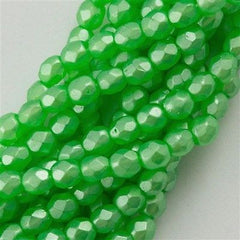 100 Czech Fire Polished 3mm Round Bead Coated Satin Green Luster (77753)