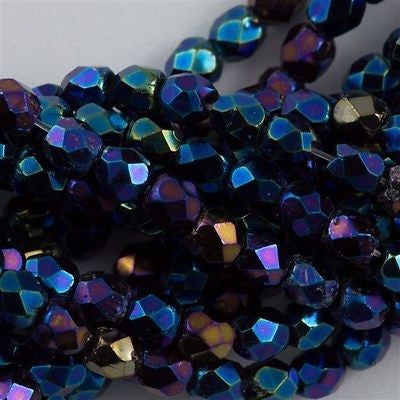100 Czech Fire Polished 3mm Round Beads Blue Iris (21435)