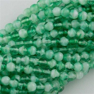 200 Czech 4mm Pressed Glass Round Beads Green and White (55024)