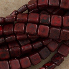50 CzechMates 6mm Two Hole Tile Beads Opaque Red Black Picasso (93200TB)