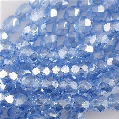 50 Czech Fire Polished 6mm Round Bead Light Sapphire Luster (30020L)