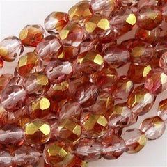 50 Czech Fire Polished 6mm Round Bead Transparent Pink Luster (14295)