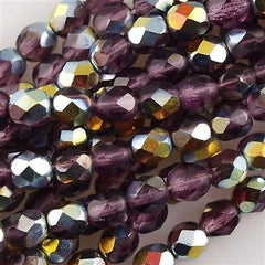 50 Czech Fire Polished 6mm Round Bead Amethyst Vitral (20060V)