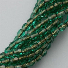 100 Czech Fire Polished 3mm Round Beads Copper Lined Emerald (50730CL)