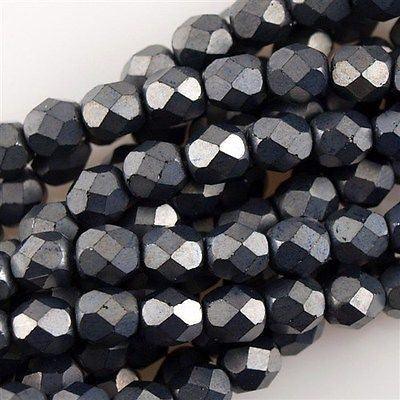 50 Czech Fire Polished 6mm Round Bead Matte Hematite (14400M)