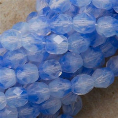 50 Czech Fire Polished 6mm Round Bead Blue Milky White (31012)
