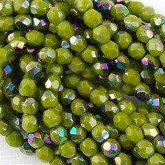 50 Czech Fire Polished 6mm Round Bead Opaque Olive Vitrail (53420V)