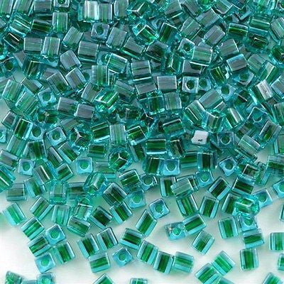 Miyuki 4mm Square Seed Bead Emerald Inside Color Lined Blue 19g Tube (2643)