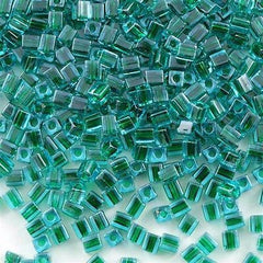Miyuki 4mm Cube Seed Bead Emerald Inside Color Lined Blue 19g Tube (2643)