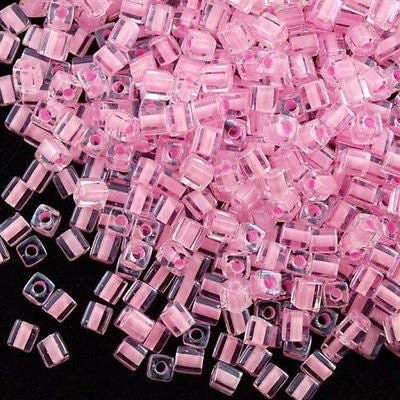 Miyuki 4mm Square Seed Bead Inside Color Lined Pink 19g Tube (207)