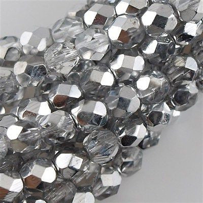 50 Czech Fire Polished 8mm Round Bead Half Coat Silver (27001)