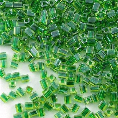 Miyuki 4mm Cube Seed Bead Inside Color Lined Lime Emerald  15g SB4-2636