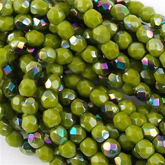 100 Czech Fire Polished 4mm Round Bead Opaque Olive Vitrail (53420V)